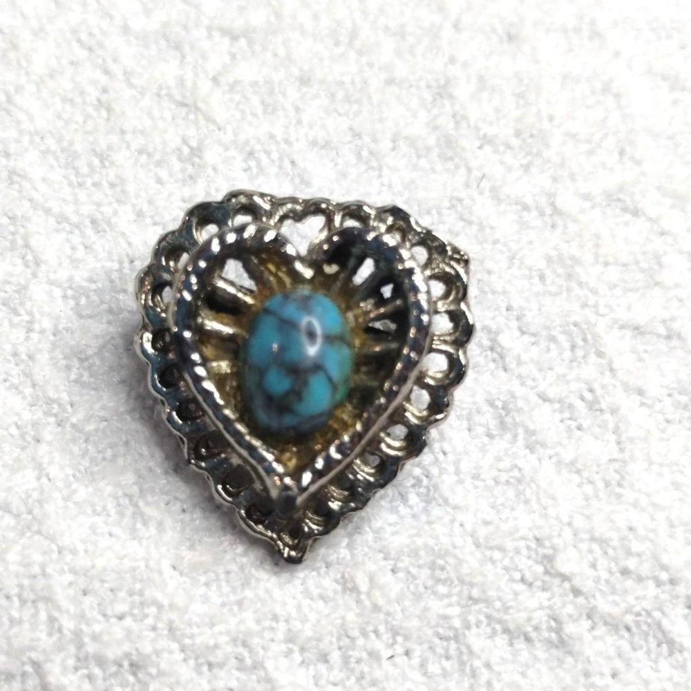 Vintage Heart Filigree Brooch Faux Turquoise Silver Tone Western Pin Accessory